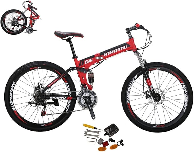 Eurobike Adult Folding Bike HY G6 Bicycle 26 Inches Muti Spoke Wheels 21 Speed Dual Suspension Folding Mountain Bike (Red)