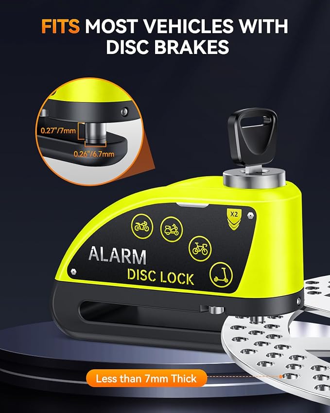 Motorcycle Disc Lock with Alarm, Electric Scooter Lock Heavy Duty Anti-Theft with 120dB Alarm, 5FT Reminder Cable for Helmet Anti-Theft, Rechargeable (Green)