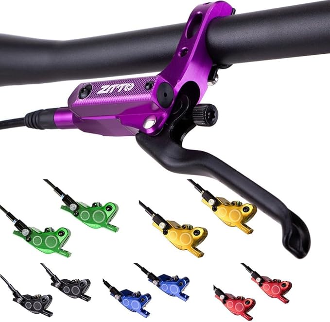 Bicycle Hydraulic Disc Brake Set with Four-Piston Calipers and Aluminum Alloy Construction for Mountain Bike Off-Road and Urban Riding Front/Rear Hose Included(Purple)