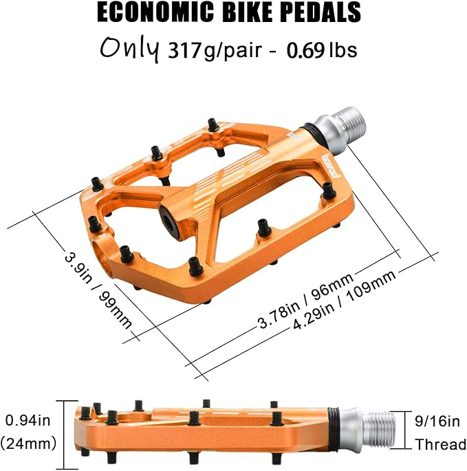 MTB Pedals Flat, Gravel Bike Pedals Flat, Light CNC Aluminum Alloy Platform Pedal w 3 Bearings Cr-Mo Spindle, Grippy Bicycle Pedals w 16pcs Pins, Mountain Bike Pedals Adult Child BMX Bike 9/16"