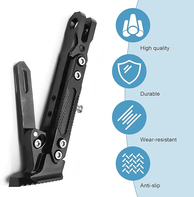 Universal Motorcycle Kickstand, 6 Level Heavy Duty Adjustable CNC Aluminum Alloy Side Stand Foot, Replacement Support Stand for Motorbike, Scooter, Dirt Pit Bike (Black)