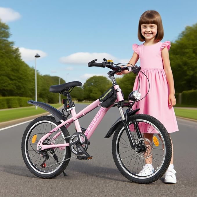 Bueuwe 20 24 Inch Kids Mountain Bike, Children Bicycles for Boys and Girls Ages 6-12, 7 Speed Teenager Bikes with Disc Brakes, Adjustable Handlebars and Seat, Kickstand (Pink, 20 Inch)