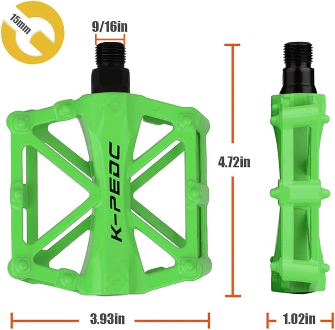 Aluminium CNC Bike Pedals 9/16", Lightweight Mountain Road Bike Pedal with 16 Anti-Skid Pins Bicycle Pedals for MTB BMX