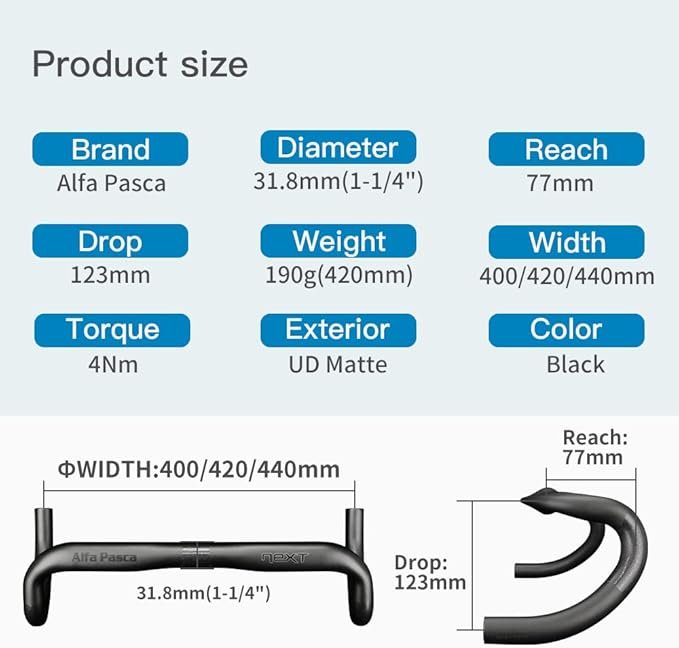 Alfa Pasca 31.8 carbon road bike aero handlebars UD matte racing bike handlebar drop lightweight bicycle handlebar for road bike 440mm