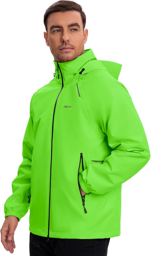Men's Rain Jacket Waterproof Windproof Breathable for Hiking Cycling Commuting with Hood & Pockets