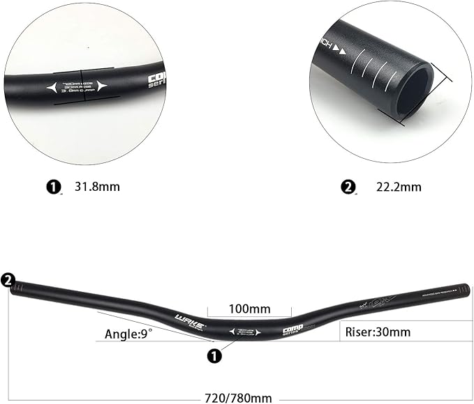 Wake 31.8mm MTB Mountain Bike Handlebar, Aluminum Alloy Mountain Bike Bicycle Riser Handlebar Extra Long 720/780mm with Paint Matte Surface (Black, 780mm)