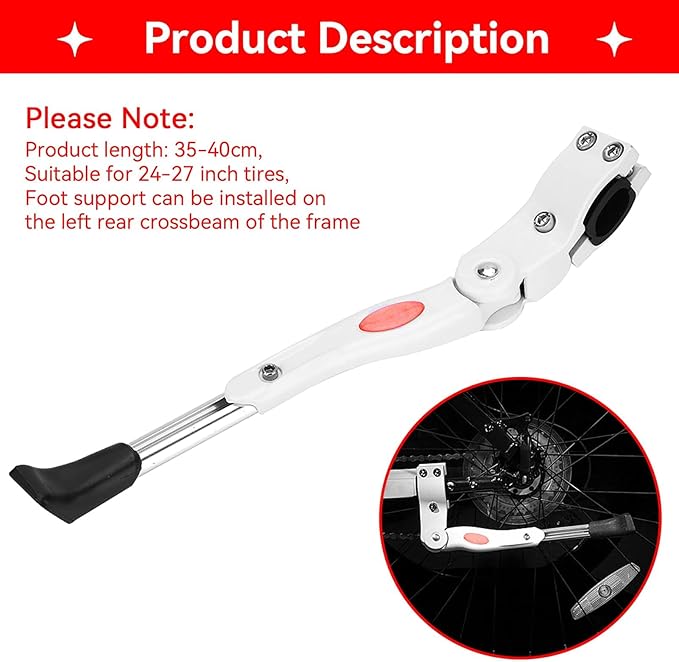 Bicycle Kickstand, Adjustable Road Mountain Bike Side Support Kick Stand, Aluminium Alloy Rear Mount Bike Stand Leg for 20 24 26 Inch Adult Bikes, White