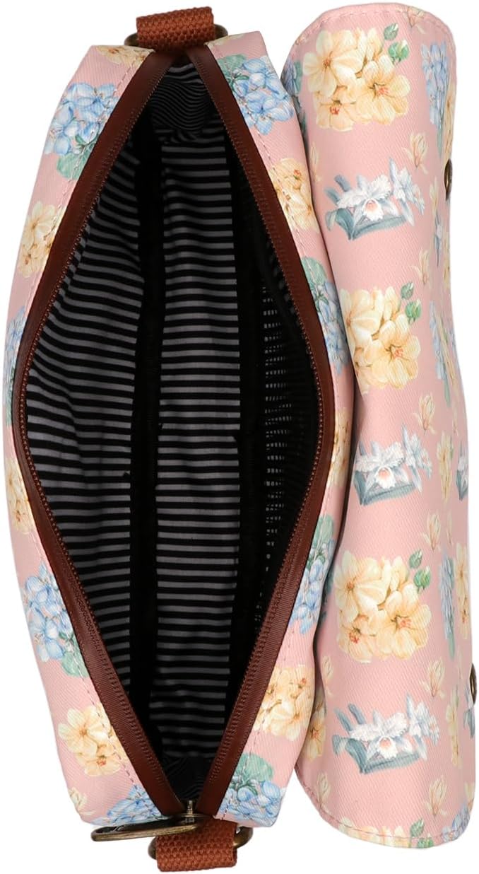 TOURBON Bike Bag Waxed Canvas Bicycle Handlebar Bag Zipper Closure Pouch Crossbar Front Frame Basket Cycling Saddebag Under Seat Strap-on Rear Rack Pannier (Pink with Flower)