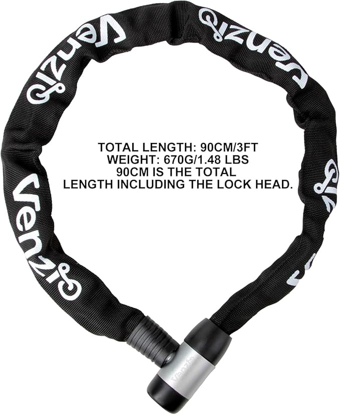 Venzio Bike Chain Lock, 3FT (900mm) Heavy Duty Anti-Theft Bicycle Lock with 2 Keys, 6mm Thick Steel Chain, Waterproof Sleeve and Zinc Alloy Core, Ideal for Scooter, Fence, Gate, Motorcycle