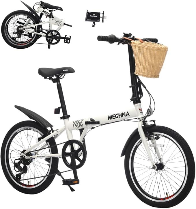 20 Inch Folding Bike for Adults, 6-Speed Steel Frame City Commuter Bicycle with Basket, Phone Holder, Fenders and Dual V-Brake, Portable Compact Foldable Cycle for Men and Women