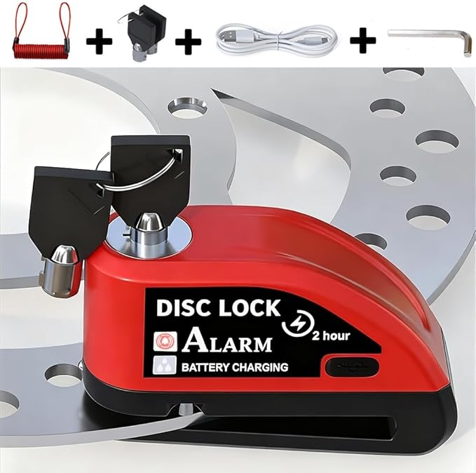 Motorcycle Alarm disc Brake Lock - USB Rechargeable, 130 Decibel Sound, Anti-Theft and Waterproof, Suitable for Various Bicycle and Motorcycle Models. with Reminder Rope and hex Wrench. (Red)