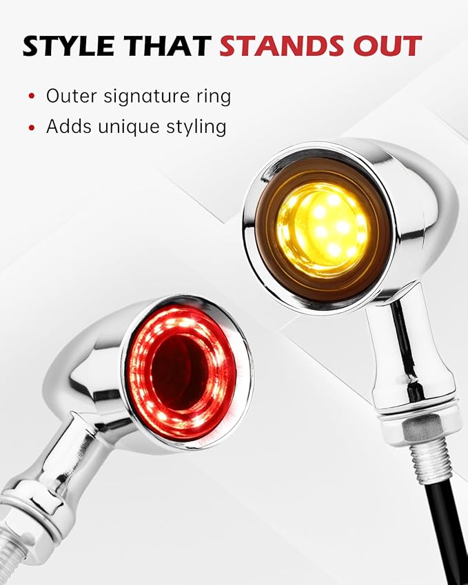 Rear Motorcycle LED Turn Signals with Integrated Brake Stop Light, 3-in-1 Running & Blinker Lamps Indicators for Cruiser Chopper Bobber Street Bike (Chrome-Red and Amber Light)