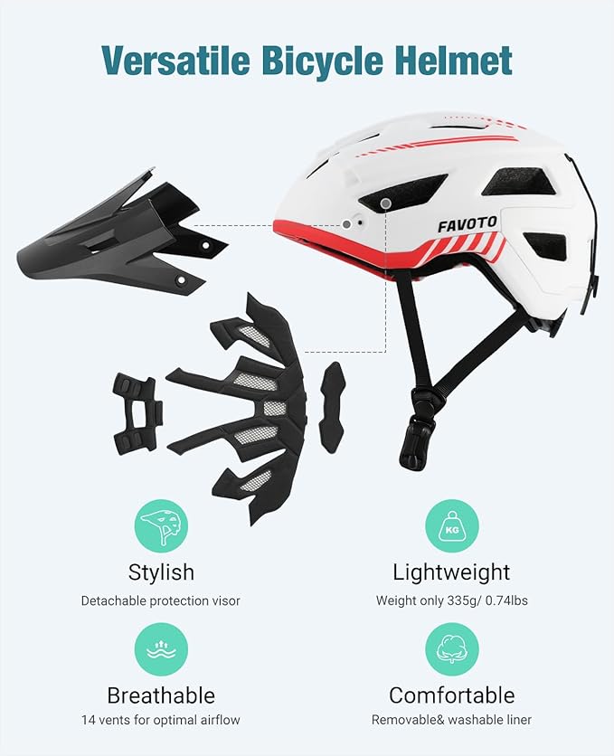 Favoto Adult Mountain Bike Helmet for Men & Women, Magnetic Buckle MTB Helmet with Removable Visor, Lightweight for Commuting & Off-Road Cycling