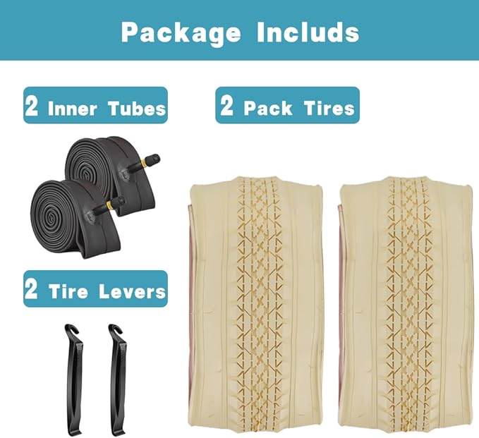 SIMEIQI 1 or 2 Pack 26"x2.125" Cruiser Beach Bike Tires Cream Color with or Without Inner Tubes 26"x1.75"/2.125" Replacement Folding Bicycle Tyres for City Commuter Urban Pavement
