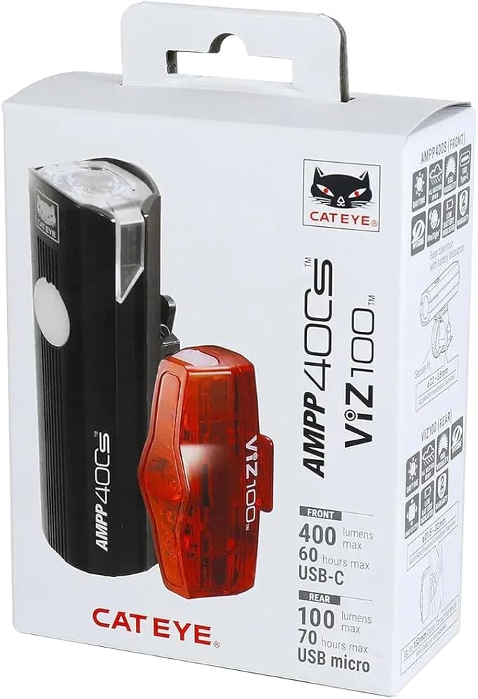 CATEYE AMPP & ViZ USB Rechargeable Bike Light Combo Kit – IPX4 Waterproof High Lumen AMPP Opticube™ LED Headlight & ViZ USB Daytime Safety Light, Visible up to 1 Mile, Fits Road, MTB, Gravel Bikes