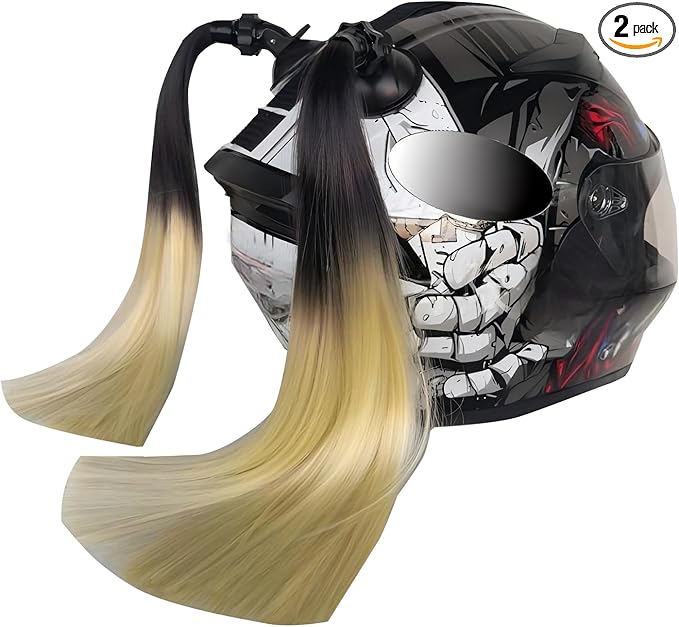 2 PCS Helmet Pigtails, Fun Pigtail Decorations for Helmet with Suction Cup, Detachable Fake Hair Decor, Universal for Motorcycle Bike Helmets (Black & Golden)