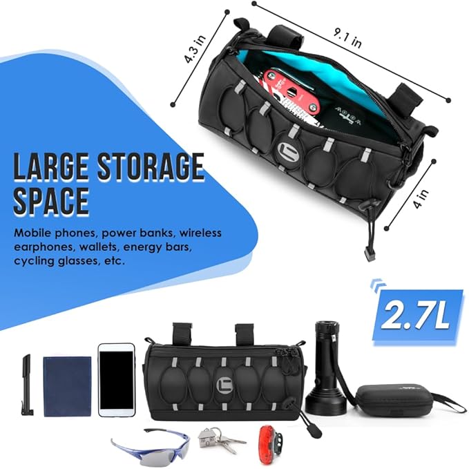 WOTOW Bike Handlebar Bag Waterproof - Bicycle Handlebar Bag with Large Reflective Area & Strips, Bike Front Pouch with Waterproof Zipper Shoulder Strap Removable Straps for Cycling (Cuboid, 2.7L)