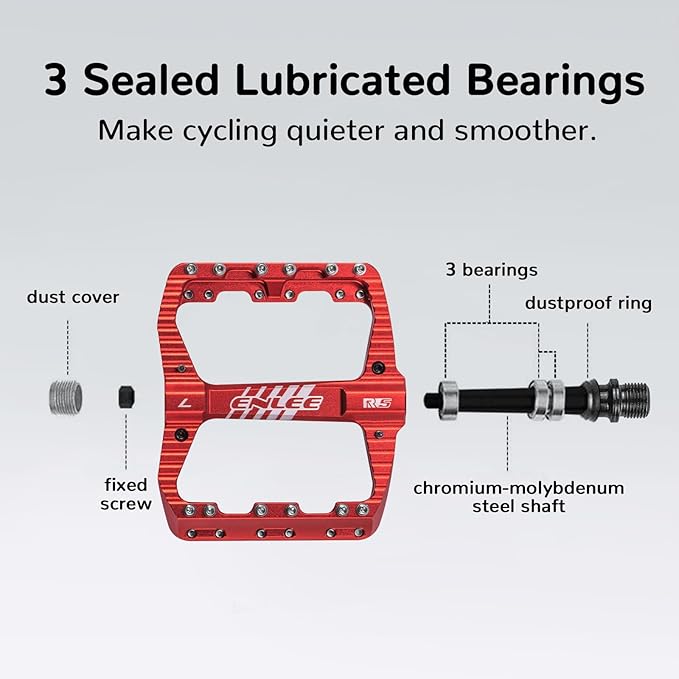 ENLEE Mountain Bike Pedals Flat, 3 Sealed Bearing Lightweight Aluminum Metal Bike Pedals 9/16", Waterproof MTB Pedals Flat with Removable Anti-Skid Nails for Adult Mountain Road BMX Bike