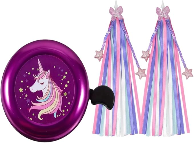 Kids Bike Bell with Streamers, Purple and Green, Unicorn and Dinosaur Theme, Bicycle Accessories