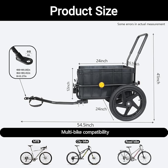 Lightweight Bicycle Trailer, Foldable Bike Cargo Trailer with Universal Hitch, Portable Bicycle Trailers with Removable Box and Waterproof Cover, for Camping, Groceries, 88 LBS Load Capacity