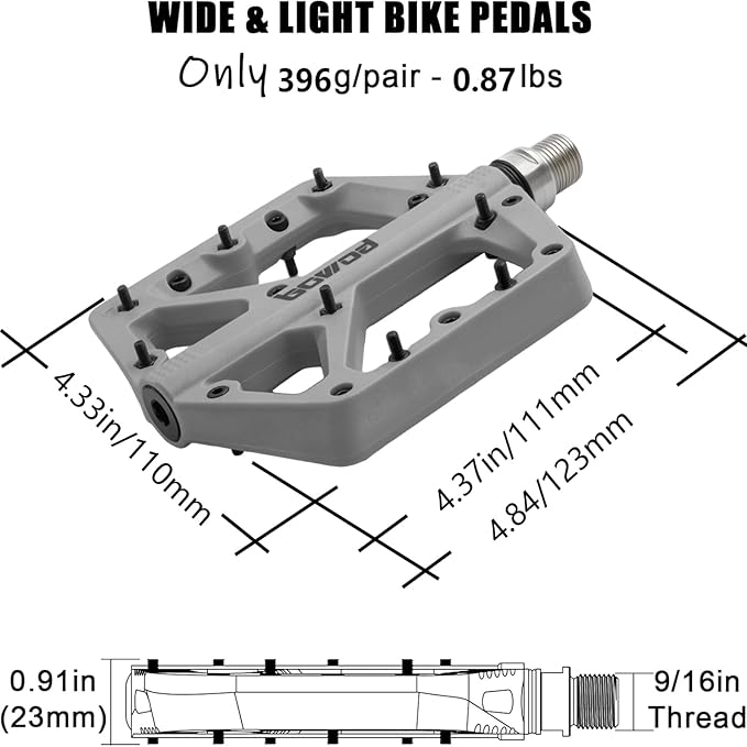 MTB Pedals Large Mountain Bike Pedals, Lightweight Nylon Fiber Composite Bicycle Platform Pedals, Grippy Pedals w 18 Pins, Cr-Mo Spindle fit w 2 Bearings, Clipless Pedals for BMX MTB Bike 9/16"
