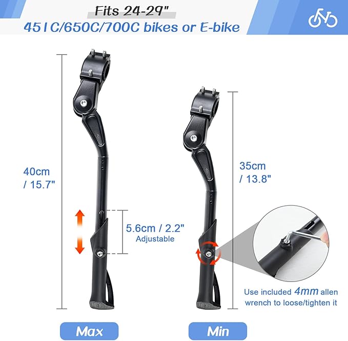 ROADNADO Bicycle Kickstand for Adult Bikes 24-29 inch Adjustable Bike Kickstand High Load-Bearing Anti-Slip Aluminum Alloy Bike Kick Stands for 451C/650C/700C MTB/Road Bike/City Bike Black