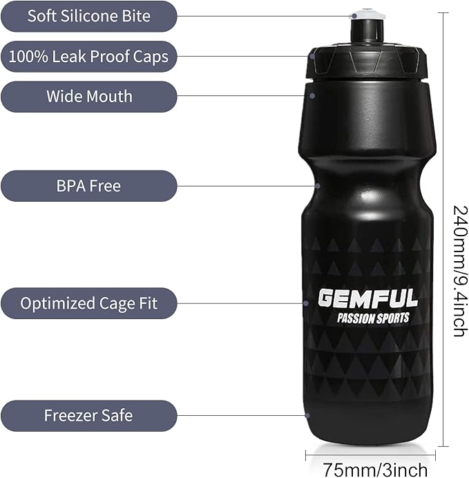 GEMFUL Bike Water Bottles with Bicycle Holder 750ml Mtb Cycling Squeeze 24 oz Sport Bottle 2 Pack