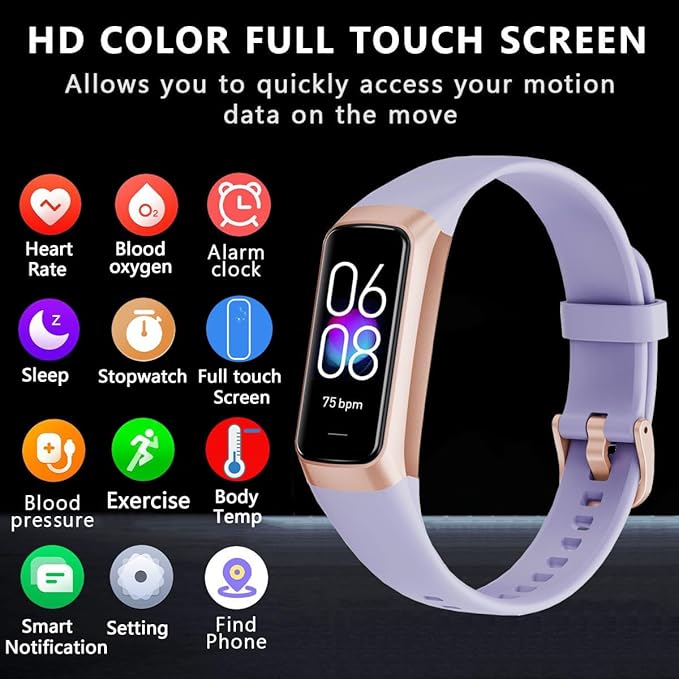 Fitness Tracker with 24/7 Heart Rate Sleep Blood Oxygen Monitor,IP68 Waterproof Smart Watch,1.10''AMOLED Touch Color Screen,Step Counter Health Activity Trackers for Women Men (Purple)