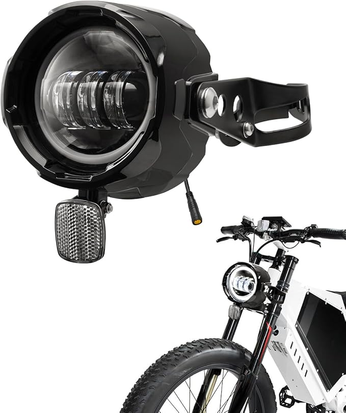 LED Ebike Headlight Kit White Halo with Housing/Bracket/Reflector Compatible with 12-52V Electric Bike 3-Pin Connector Plug-and-Play