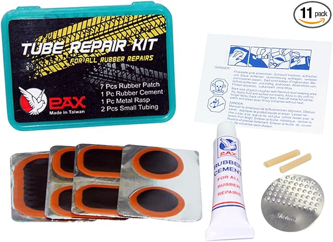 PAX 11Pcs Inner Tube Patch Kit with 7ml Rubber Cement - Professional Puncture Repair Set for Bicycle, Motorcycle, Scooter, BMX, ATV, Lawn Mower Tubes & Inflatables