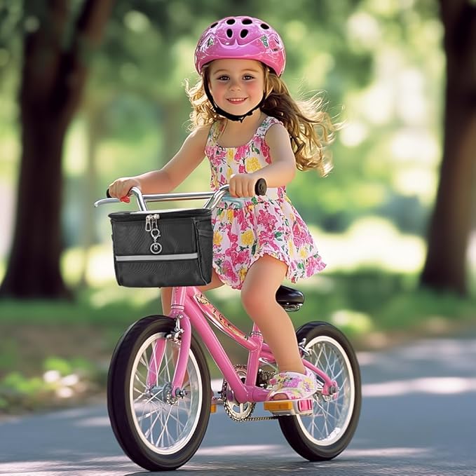Kids Bike Basket, Front Frame Scooter Basket Bag, Bicycle Handlebar Bag for Boys Girls with Zipper, Bike Decoration for Most Children's Bikes Like Tricycle, Balance Bik-e(COLOR:Black)