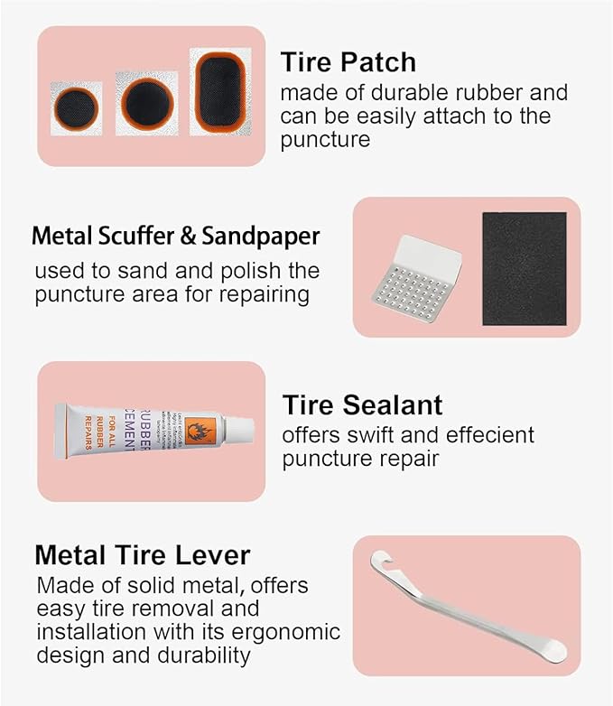 Bike Inner Tire Patch Repair Kit, with 24 PCS Vulcanizing Patches, Metal Rasp and 2 Premium Stainless Steel Levers - Also for Road Mountain Bicycle Trave (White Adhesive Upgraded Version)