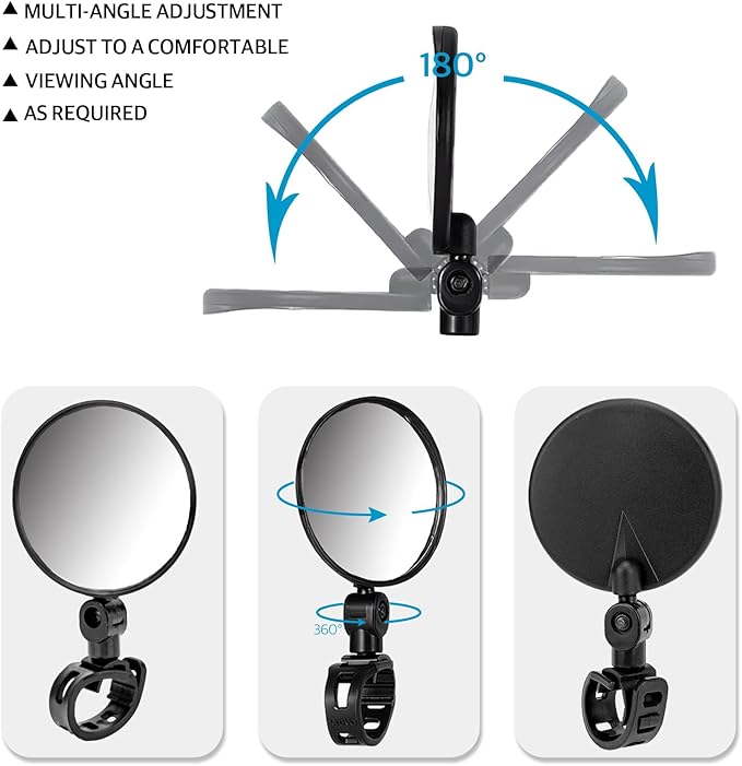 Bike Mirror Handlebar Mount 2 Pack, 360° Adjustable Convex Bicycle Mirror, 4.7'' Wide Angle Rear View Cycling Mirror, Quick Clamp Fits Up to 32mm Handlebars for Mountain Road Bike & E-Bike