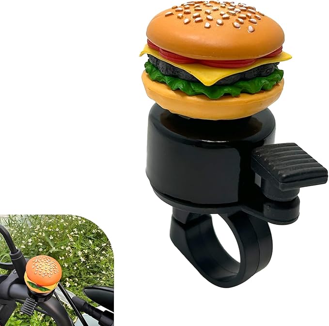 Bike Bell, Cute Hamburger Shaped Aluminum Alloy Bicycle Bell with Loud Crisp Clear Sound, Funny Decorative Cycling Accessory, Universal for Balance, Scooters, Bikes (Yellow)