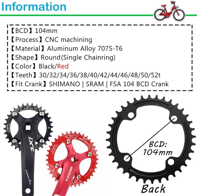 CYSKY 104 BCD Chainring 30T to 52T Narrow Wide Chainring with Sprocket Bolts for 1x Set-up Road Bike Mountain Bike BMX MTB Gravel Ebike