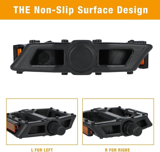 Nylon Bike Pedals with Ball Bearings, Anti-Slip Surface, Reflective Strips, One-Piece PP/Black Nylon, Boron Axle, 4.25"x4.06"x1", Standard 9/16" ≈ 0.56" Durable for MTB, Road & Commuter Bikes