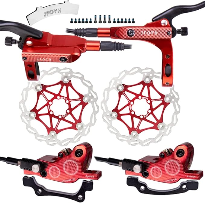 JFOYH 4-Piston MTB Hydraulic Brake Set with 160mm Floating Disc Rotors, Front and Rear Hydraulic Disc Brake Kit for MTB(Pre-Bled, Included Original Pads)