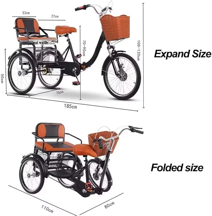 20 inch Folding Tricycle, Outdoor Cruiser Bikes with Passenger seat, 3 Wheel Bike, Large Pedal Tricycles with Inflatable Wheel, Tandem Bicycle, Ride-on trikes for s,Black 20inch