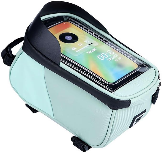 Bike Frame Bag Waterproof - Top Tube Frame Pouch, Cycling Pouch with Rain Cover, Fits Up to 6.5" Touchscreen Window, Storage Straps (green)