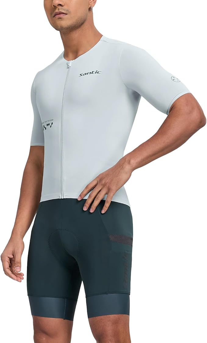 Santic Men's Cycling Jersey Short Sleeve Tops Bicycle Bike Shirt Full Zipper UPF 50+ Bicycle Jersey with Pockets