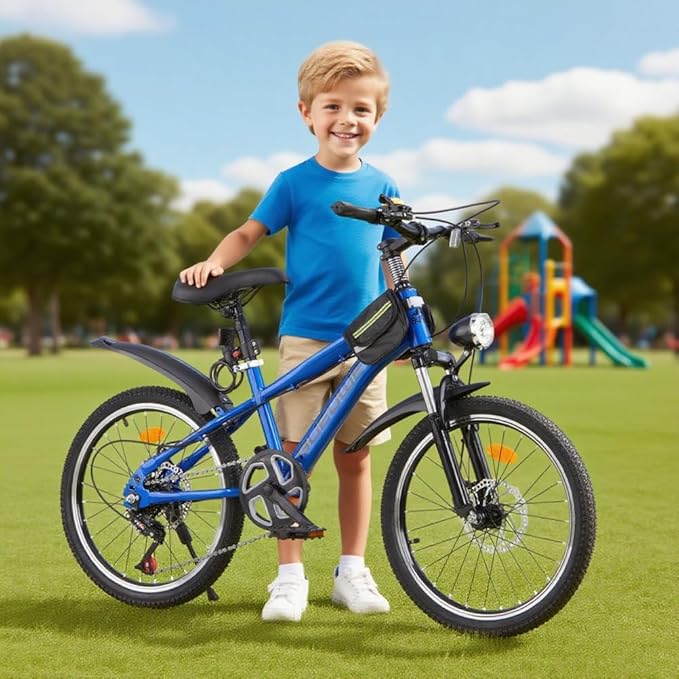 Bueuwe 20 24 Inch Kids Mountain Bike, Children Bicycles for Boys and Girls Ages 6-12, 7 Speed Teenager Bikes with Disc Brakes, Adjustable Handlebars and Seat, Kickstand (Blue, 24 Inch)