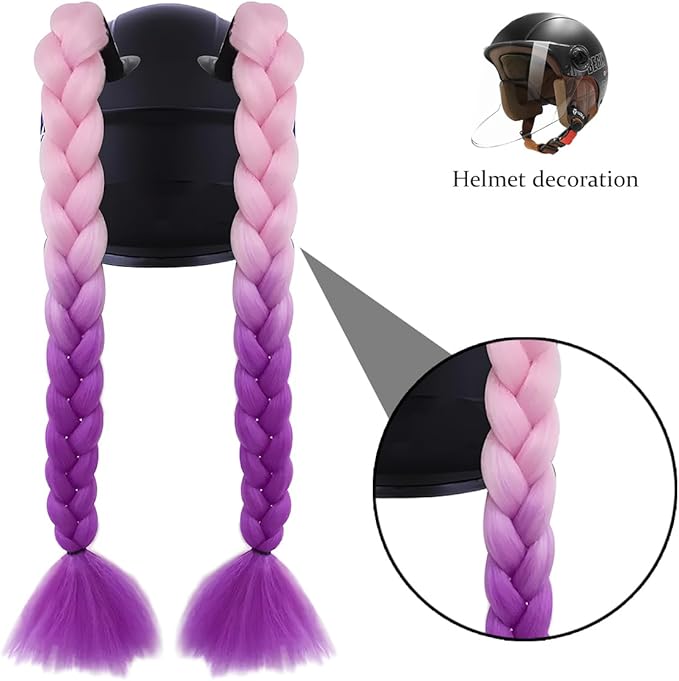 Helmet Pigtail Braids, 2PCS Motorcycle Helmet Ponytail Hair Tails Braid with Detachable Suction Cup, Hel-met Not Included, Bike Decoration Accessories, Universal for Bicycle Motorbike (Style2)