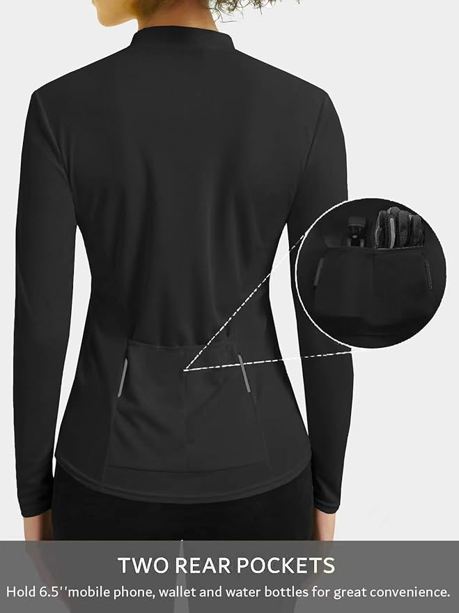 qualidyne Women’s Cycling Jersey Long Sleeve, Quick Dry Breathable Bike Shirt with Rear Pockets for Road & MTB
