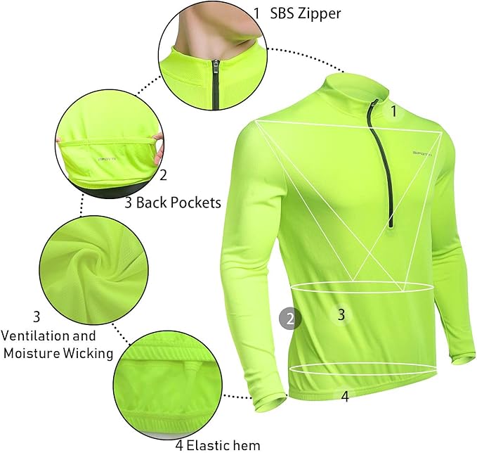 Spotti Men's Cycling Bike Jersey Long Sleeve with 3 Rear Pockets - Moisture Wicking, Breathable, Quick Dry Biking Shirt