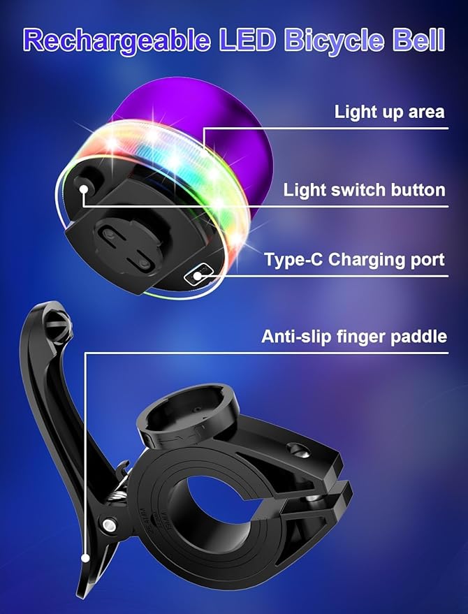 Bike Bell for Kids & Adults, Light up Bike Accessories Adjustable with Ferrules Fit for 0.74-1.25in(19-31.8mm) Bicycle Handlebars, Aluminum Made & Crisp Sound for Mountain Dirt Road Bike Ebike