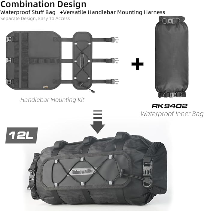Rhinowalk Bike Handlebar Bag Bicycle Front Bag Lightweight Waterproof Roll Bag 12L with Shoulder Strap for Mountain Road Bike Cycling Accessories