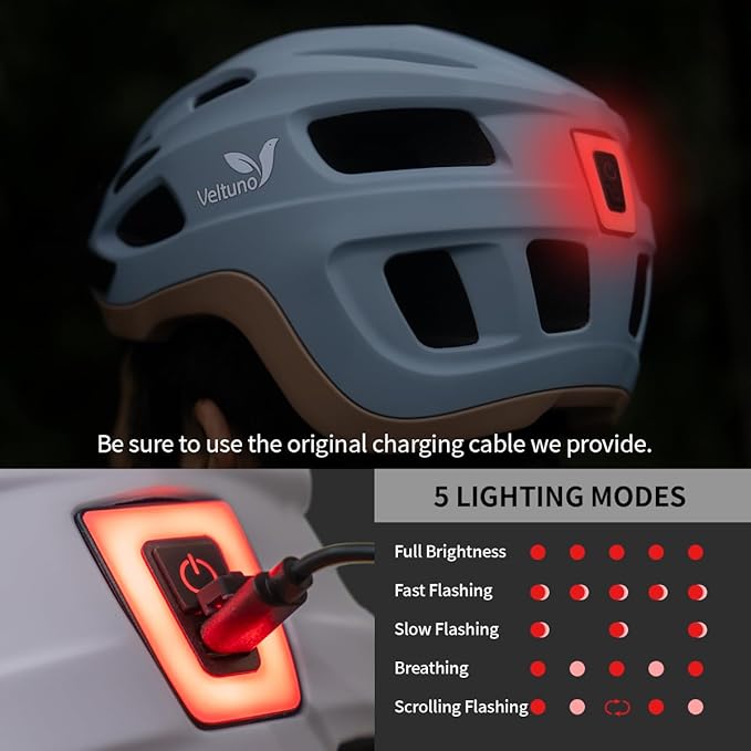 Bike Helmet for Adults, Lightweight Mountain Bicycle Helmet with USB Rechargeable LED Rear Light, Removable Sun Visor for Women, Men, Suitable for Cycling and Commuting