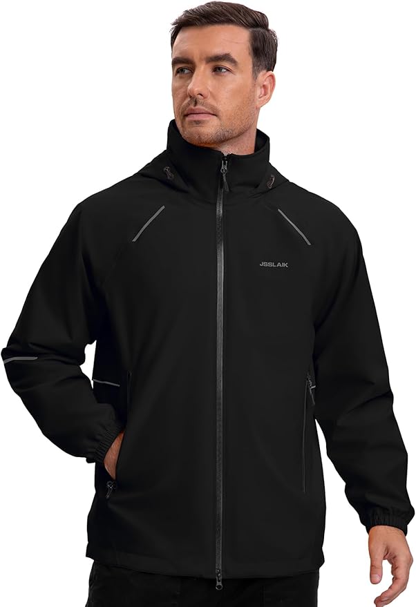 Men's Rain Jacket Waterproof Windproof Breathable for Hiking Cycling Commuting with Hood & Pockets