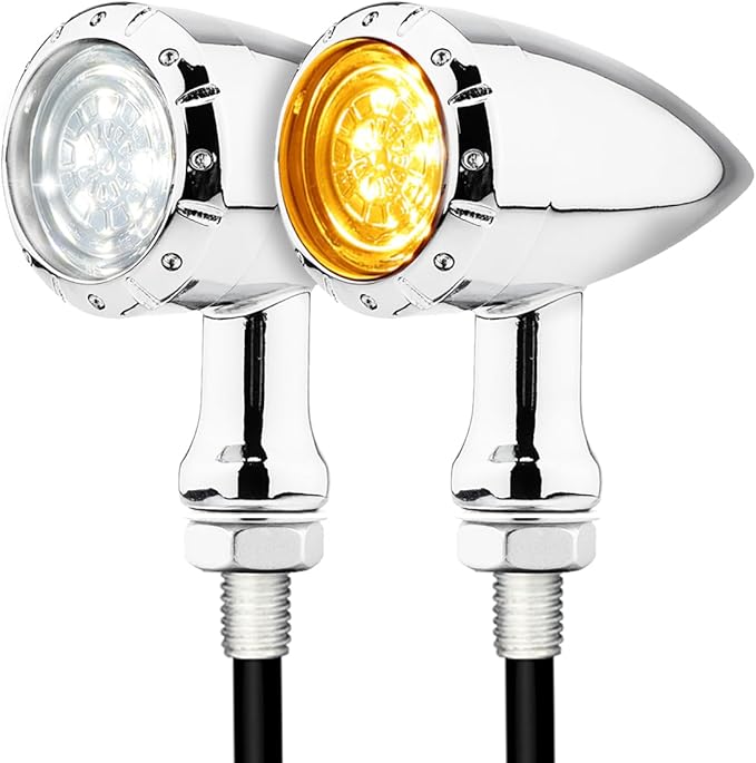 Bullet Style Motorcycle LED Turn Signals, Front Driving Light & Amber Indicator, Zinc Alloy Housing, M10 Mount Universal Fit for Cruiser Bobber Chopper Cafe Racer (Chrome-Front)