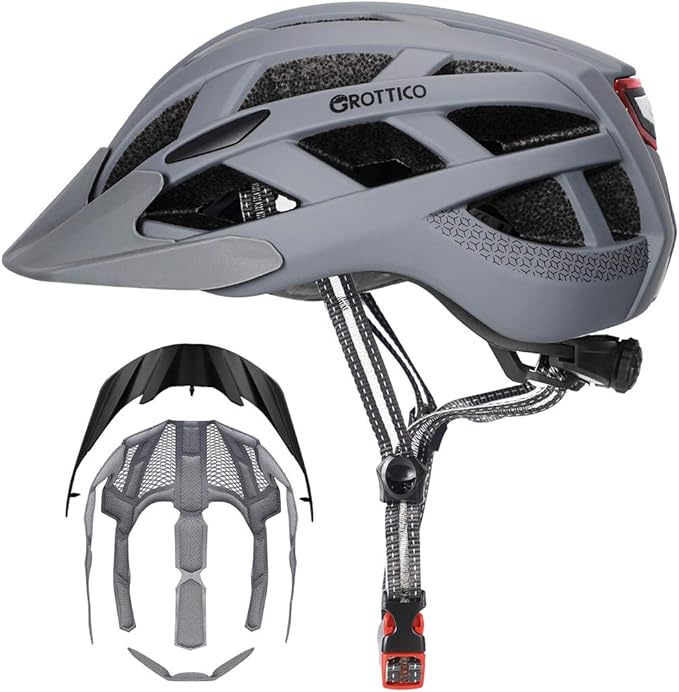 Adult-Men-Women Bike Helmet with Light - Mountain Road Bicycle Helmet with Replacement Pads & Detachable Visor